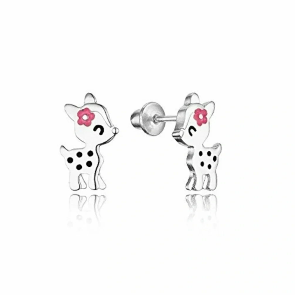 14k gold plated CZ Enamel Flower Deer Earrings.